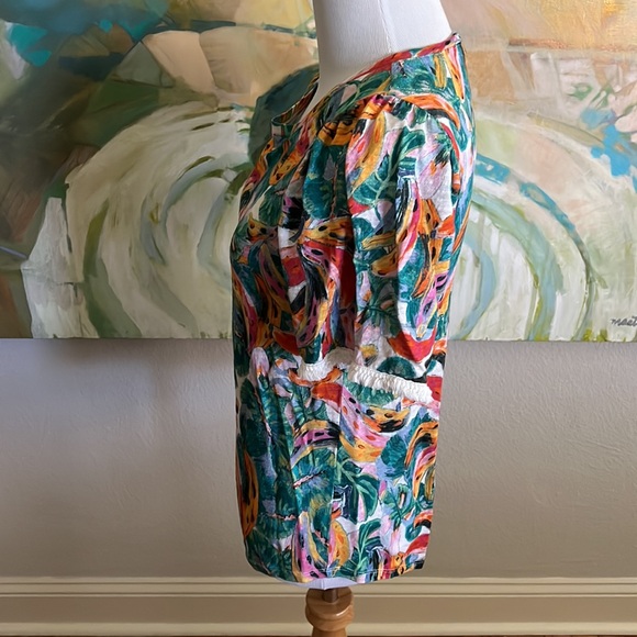 Chico's Linen Fringe Elbow Sleeve Tropical Banana Print Tee Top 00 xs - Picture 3 of 16